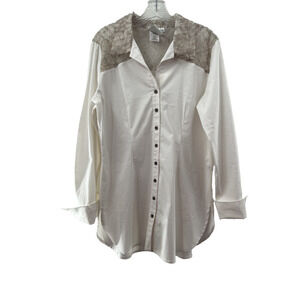 Finley Lace Lotus White Button Down Blouse Women’s Sheer Lace Yoke Large